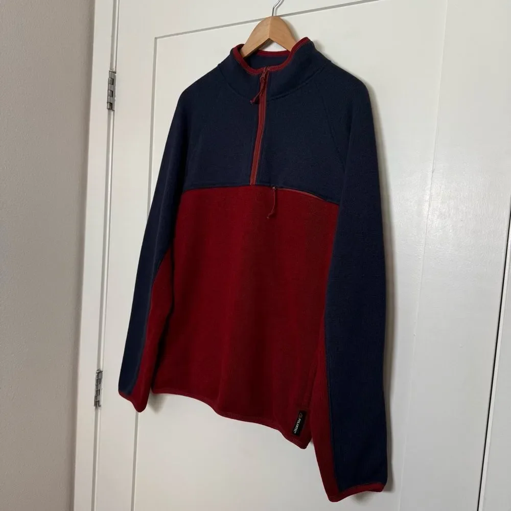 J Crew Nordic Polartec Sweater Men Sz L Red Navy 1/4 Zip Fleece Pullover Outdoor